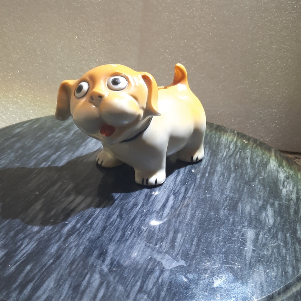 Vintage Japan Tan & White Ceramic Dog Piggy Bank